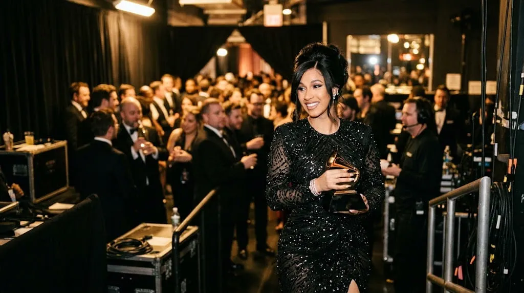 Cardi B holding a Grammy award, a key milestone tied to her net worth