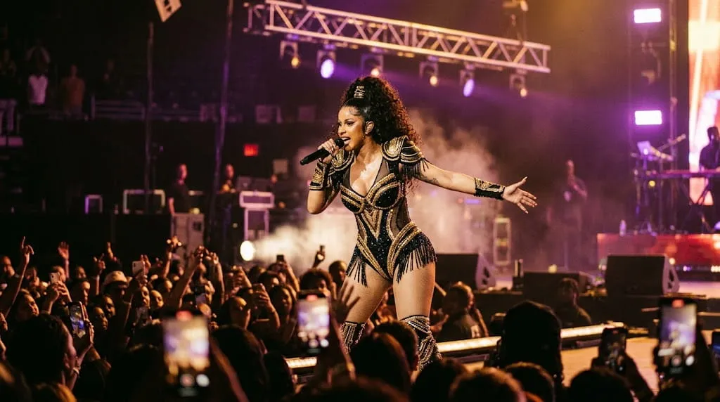 Cardi B performing live during her 2026 tour, tied to her rising net worth