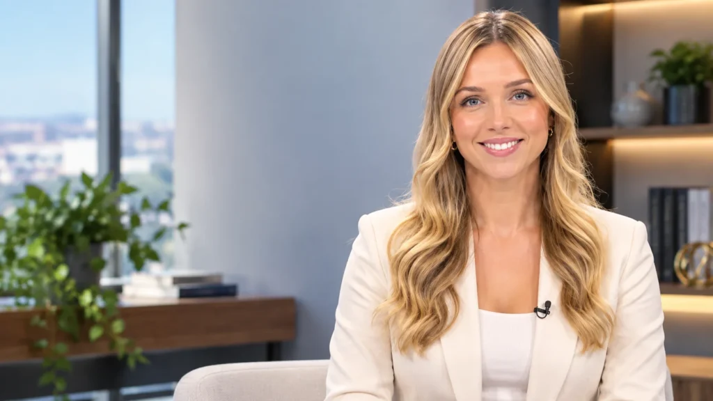 Sophia Wenzler presenting a news bulletin at a studio desk