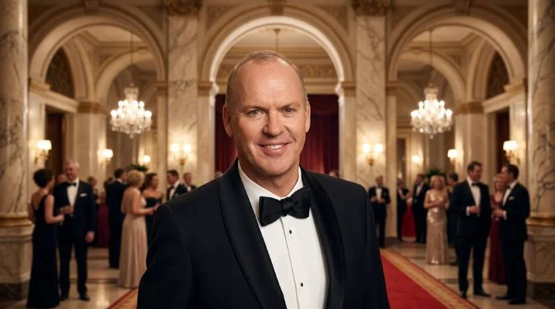 Michael Keaton holding an award backstage at a ceremony