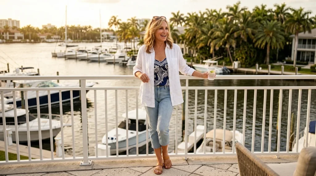 Sonja Morgan on a waterfront balcony in West Palm Beach
