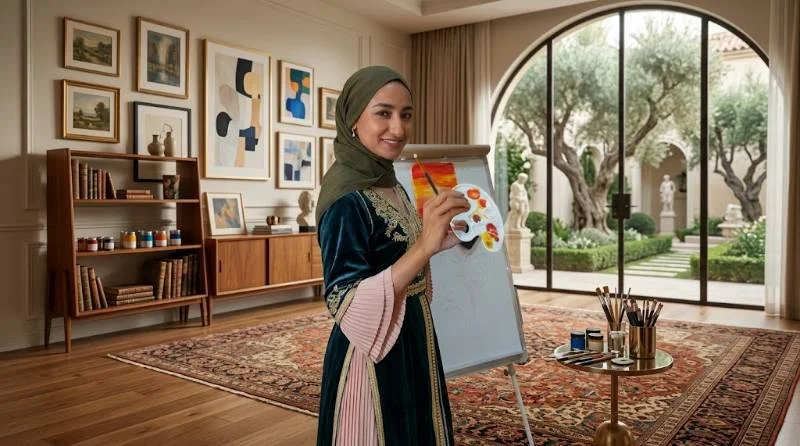 Zainab Jiwa painting at home with her cat